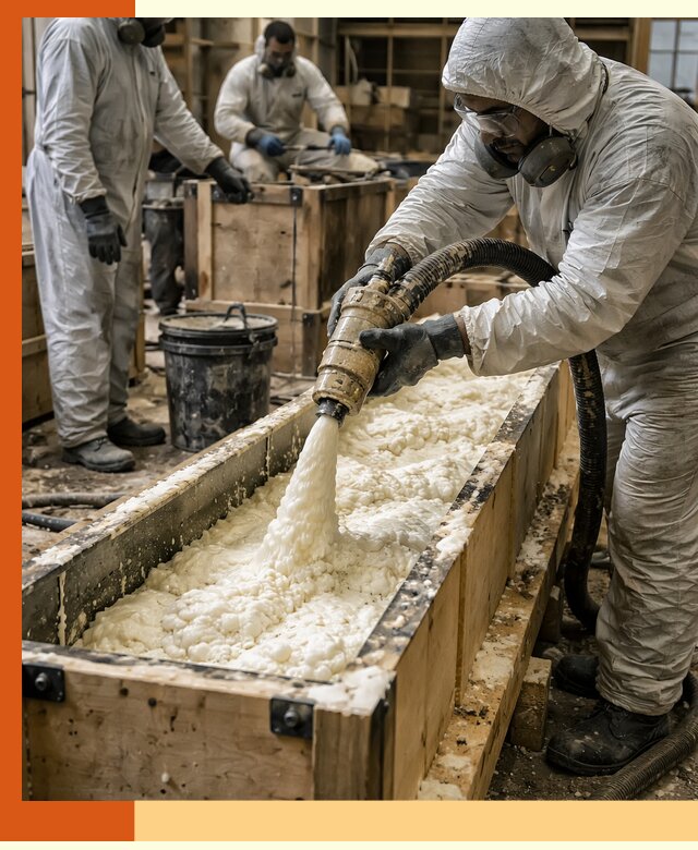 Заливка пенополиуретана в формы для утепления в Калининграде